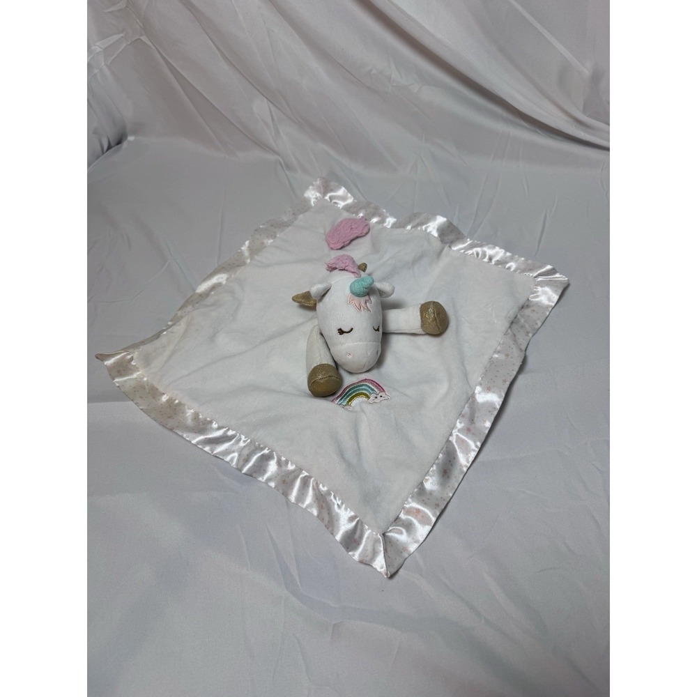 Douglas Baby White Unicorn Lovey Security Blanket Plush Rainbow Satin Trim